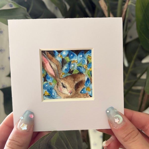 ACEO Original Resting Hare Rabbit with Blue Flowers Watercolour 