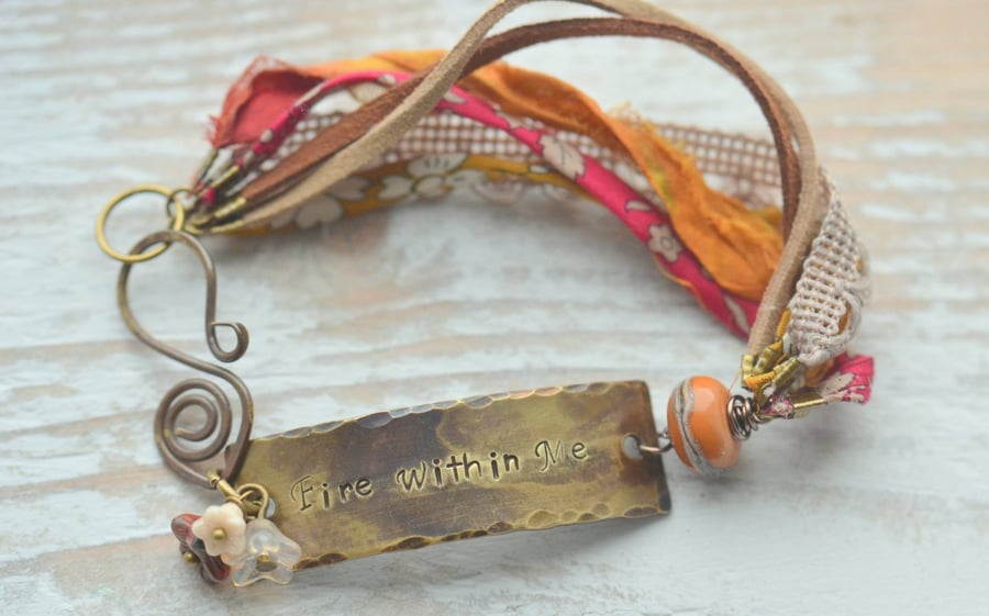 Bracelet with Fire Within Me Brass Bar, Ribbons, Lampwork Glass & Flowers