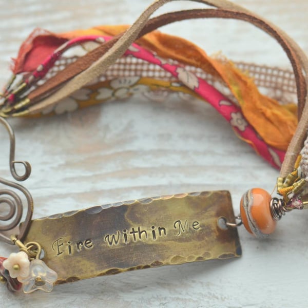 Bracelet with Fire Within Me Brass Bar, Ribbons, Lampwork Glass & Flowers