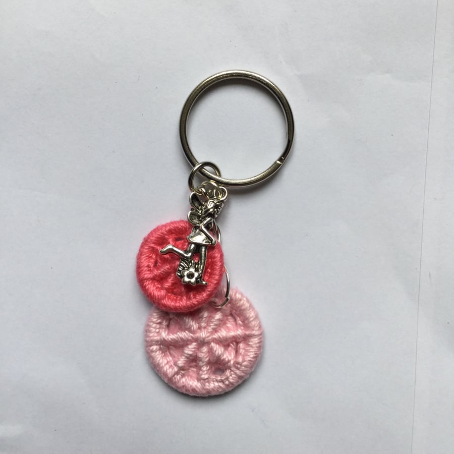 Keyring Bag Charm with Pink Dorset Buttons and Fairy Charm