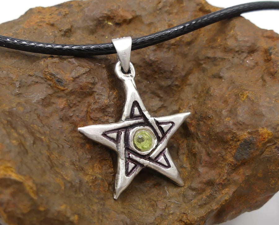 Recycled Fine Silver 999 Pentagram with Peridot Gemstone Pendant Necklace.