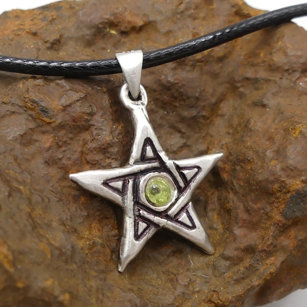 Recycled Fine Silver 999 Pentagram with Peridot Gemstone Pendant Necklace.