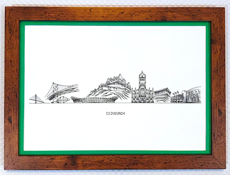 Edinburgh Cityscape Handmade Unique Framed A3 Print Dark Green Border Wallart