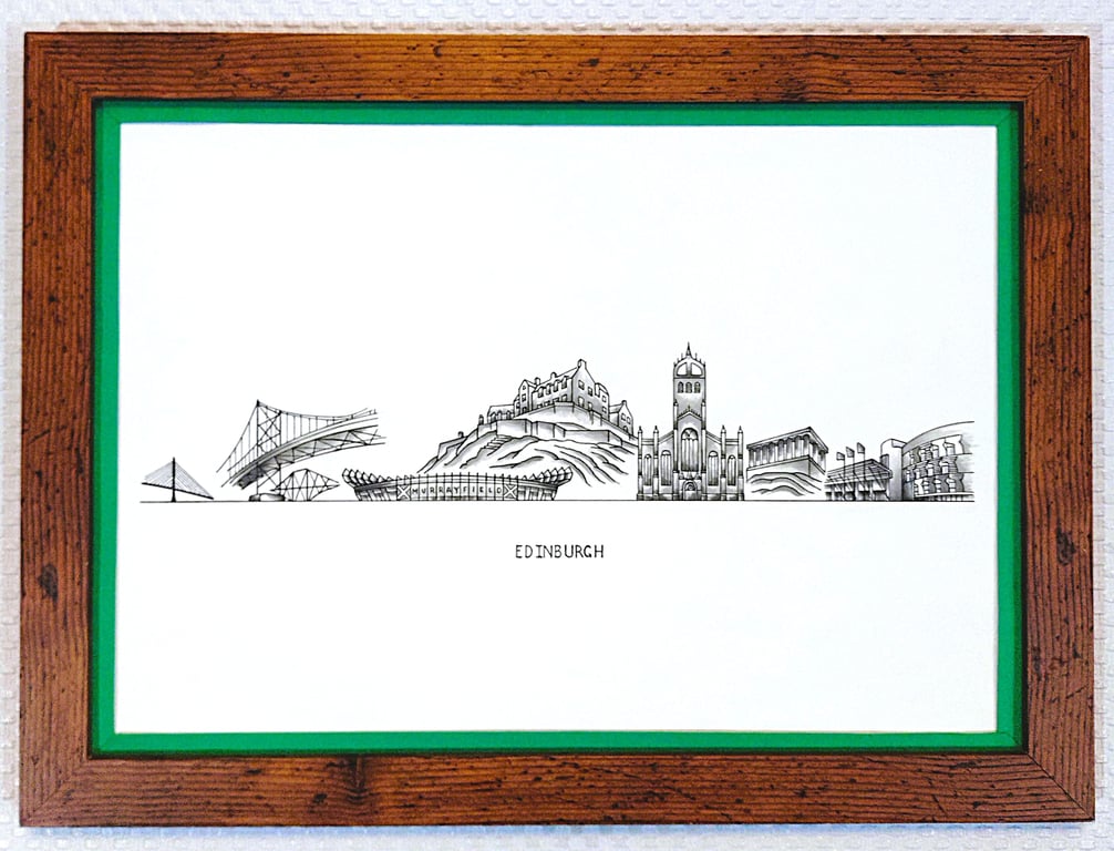 Edinburgh Cityscape Handmade Unique Framed A3 Print Dark Green Border Wallart