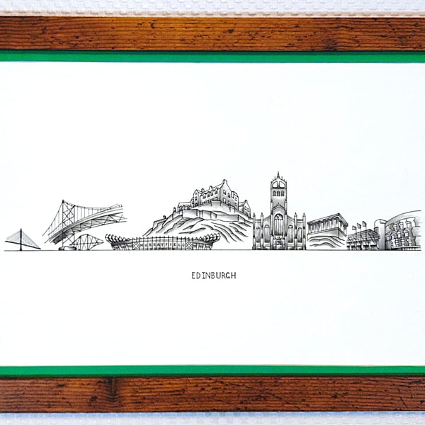 Edinburgh Cityscape Handmade Unique Framed A3 Print Dark Green Border Wallart
