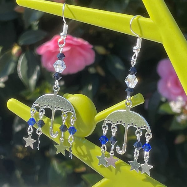 SWAROVSKI ELEMENTS UMBRELLA earrings silver plated celestial cute 