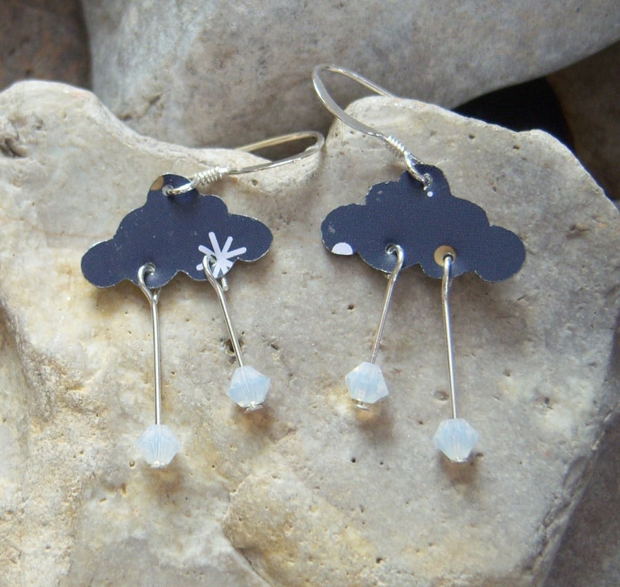 Upcycled cloud earrings with sterling silver and swarovski crystals