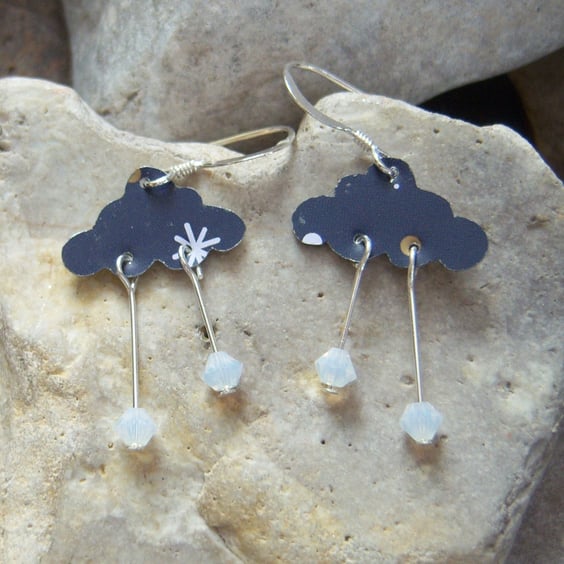 Upcycled cloud earrings with sterling silver and swarovski crystals