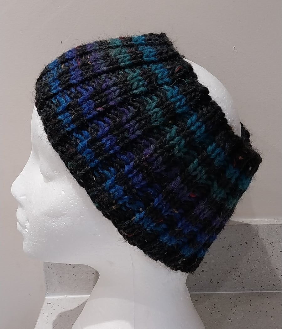Hand Knitted stripey Merino Headband in Black M
