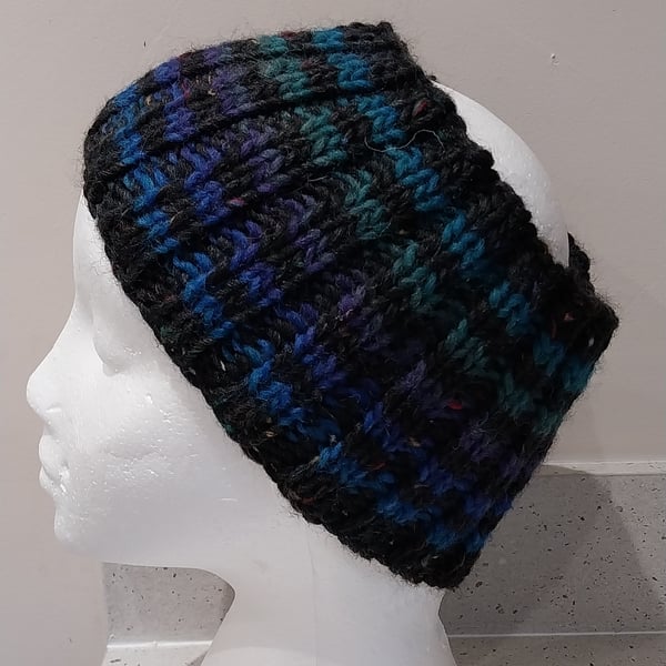 Hand Knitted stripey Merino Headband in Black M