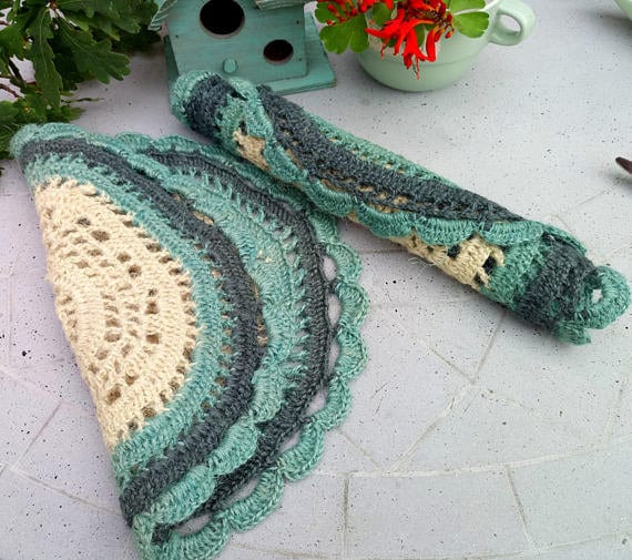 Crochet pound jute placemat set-pale turquoise,petrol green and cream colors