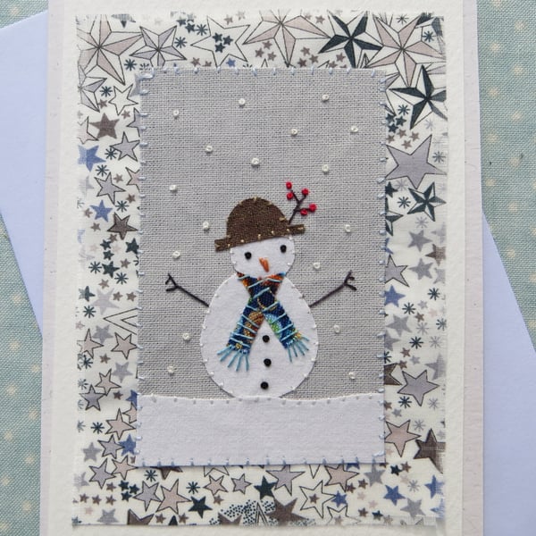 Sweet little snowman card with Liberty print background and berries in his hat!