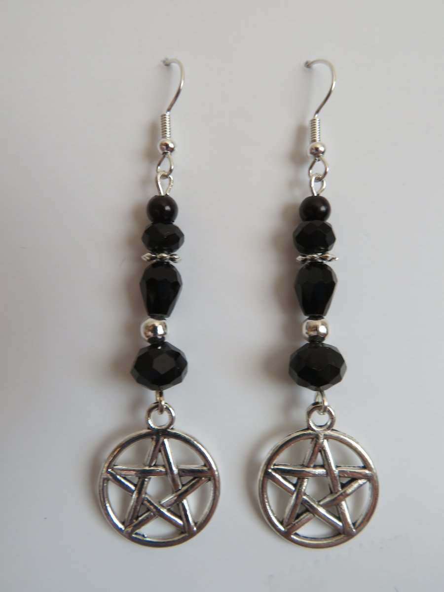 Black Crystal & Silver Pentagram Charm Gothic Witchy Earrings
