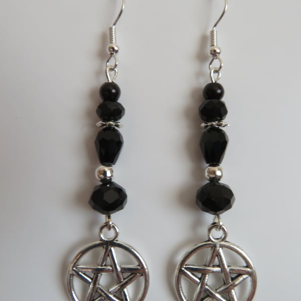 Black Crystal & Silver Pentagram Charm Gothic Witchy Earrings