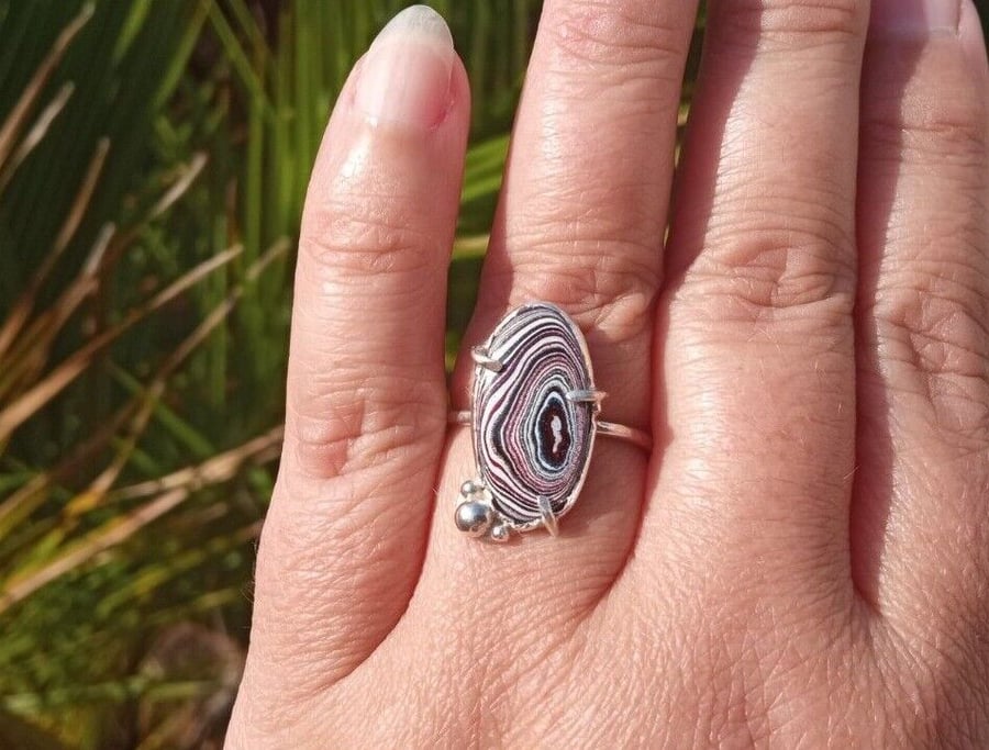 Fordite Adjustable Ring Sterling Silver Jewellery Gift Oval Recycle Handmade