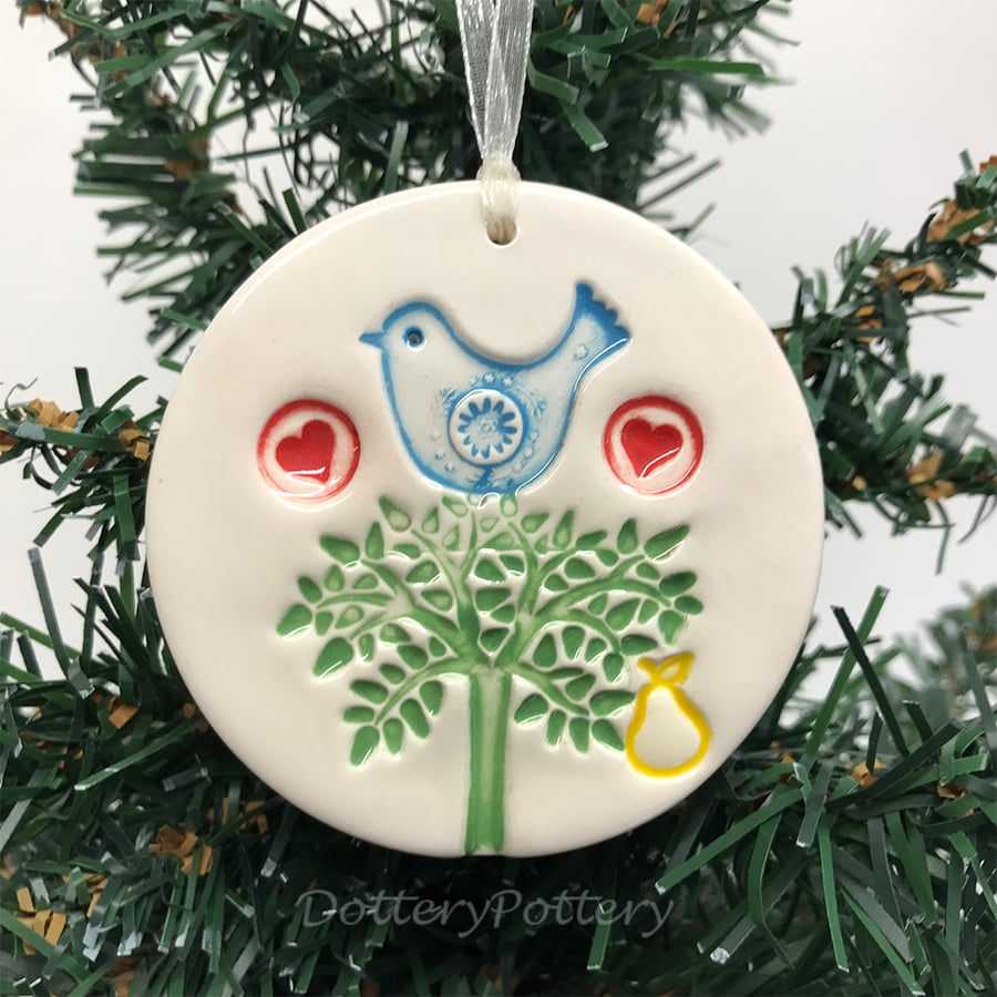 Partridge in a pear tree ceramic Christmas decoration Pottery decoration Xmas