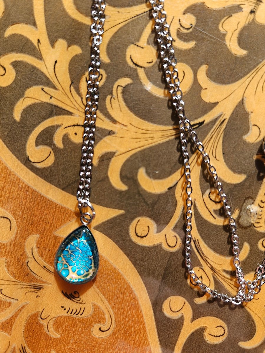 Blue drop paint pour necklace 