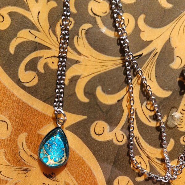 Blue drop paint pour necklace 