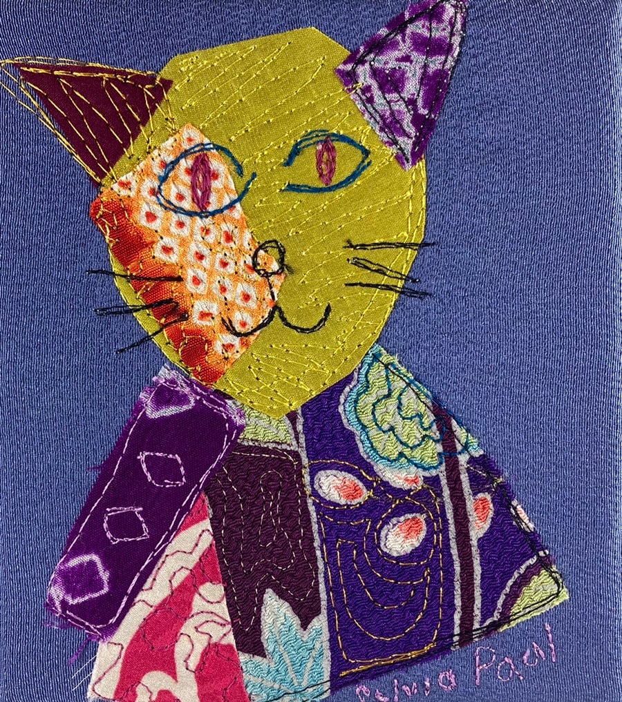 Quirky Kimono Cat Textile Art