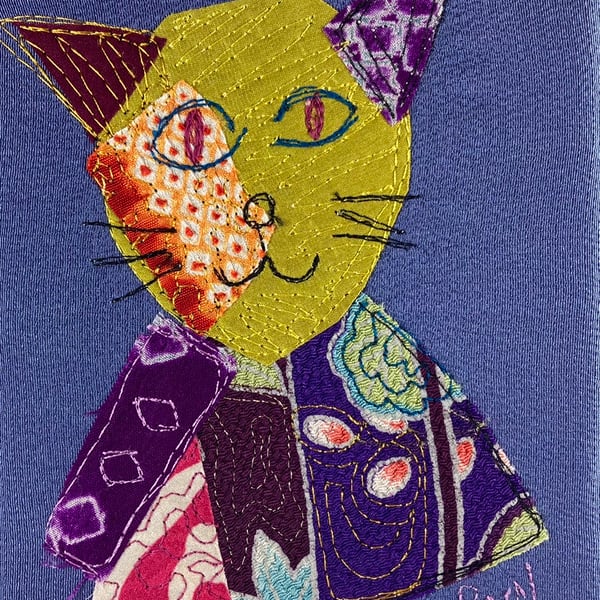 Quirky Kimono Cat Textile Art
