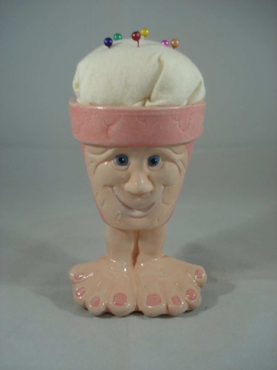 Ceramic Handmade Novelty Pink Plant Pot Sewing Needlework Textiles Pin Cushion.