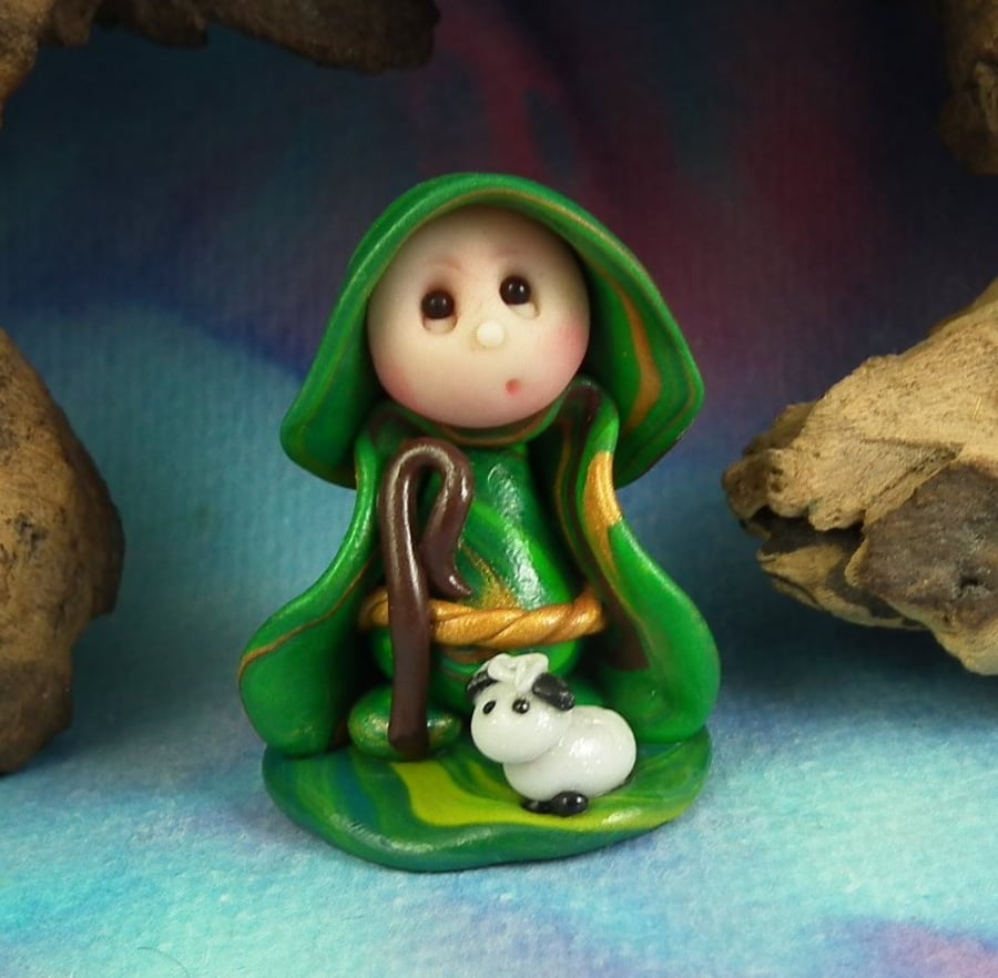 Spring Sale ... Tiny Shepherd Gnome 'Murph' with lamb OOAK Sculpt by Ann Galvin