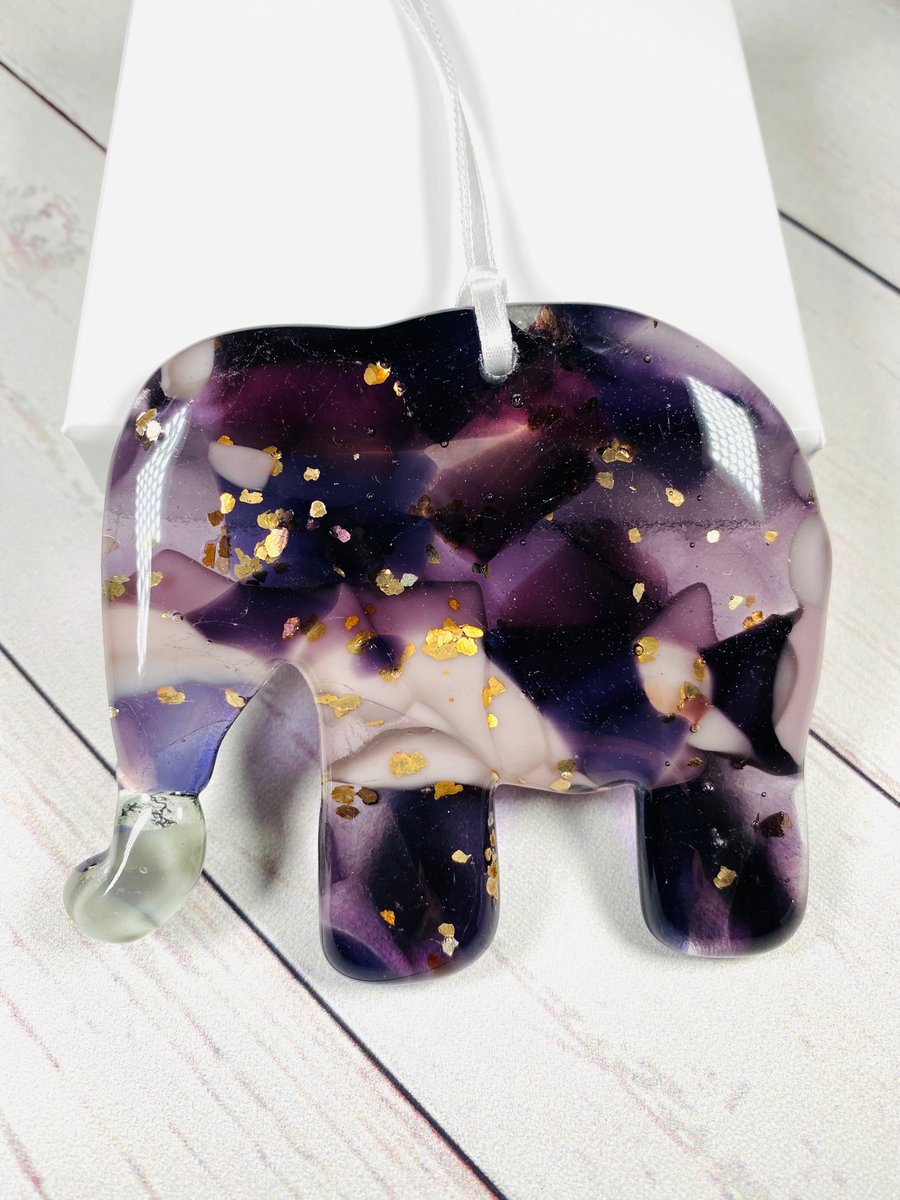 Fused glass cast elephant in a gift box