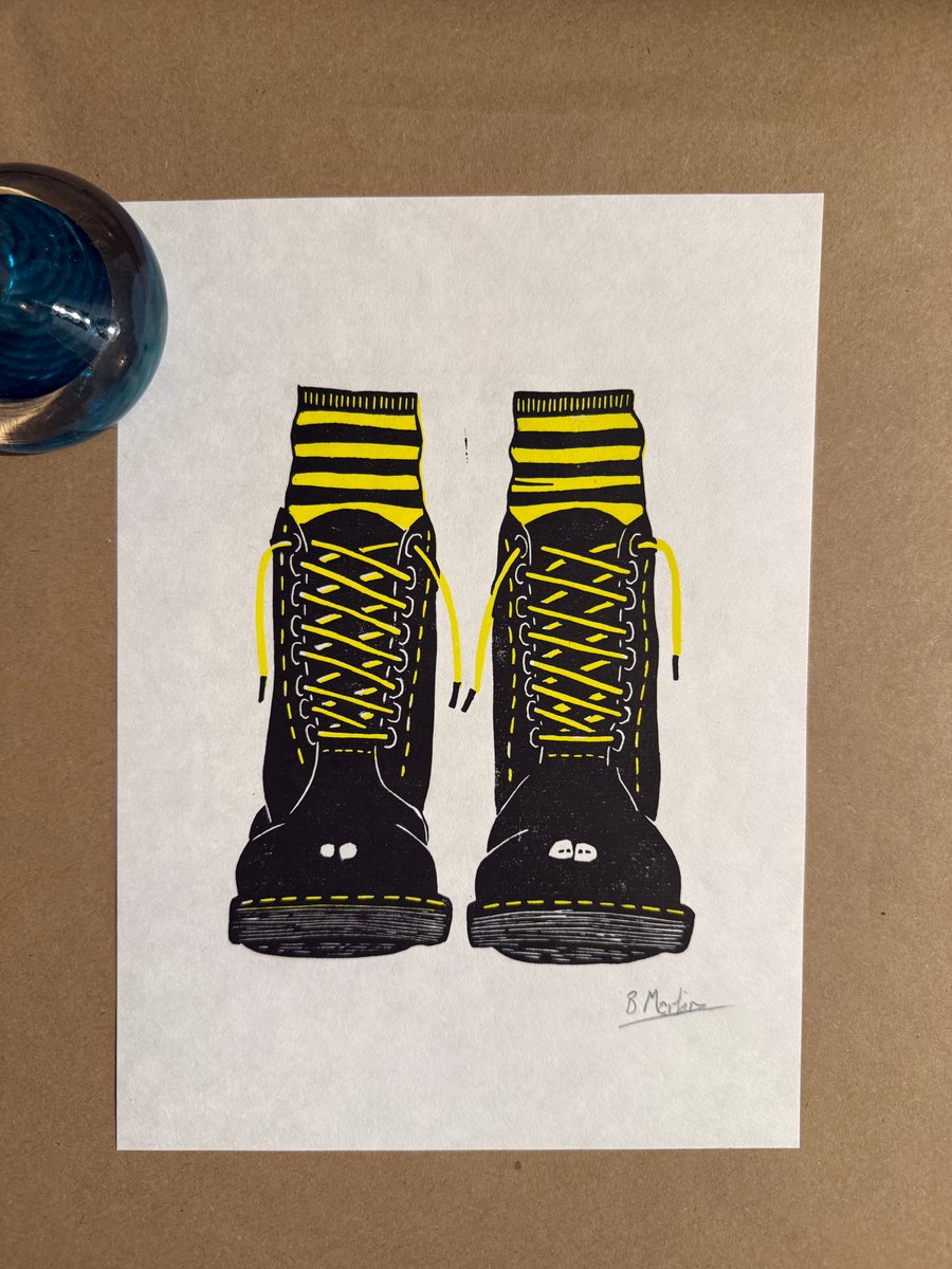 Perfectly Imperfect Docs and Socks: Hand-Burnished Lino Cut