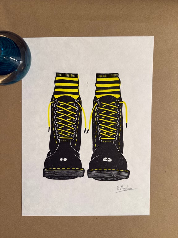 Perfectly Imperfect Docs and Socks: Hand-Burnished Lino Cut