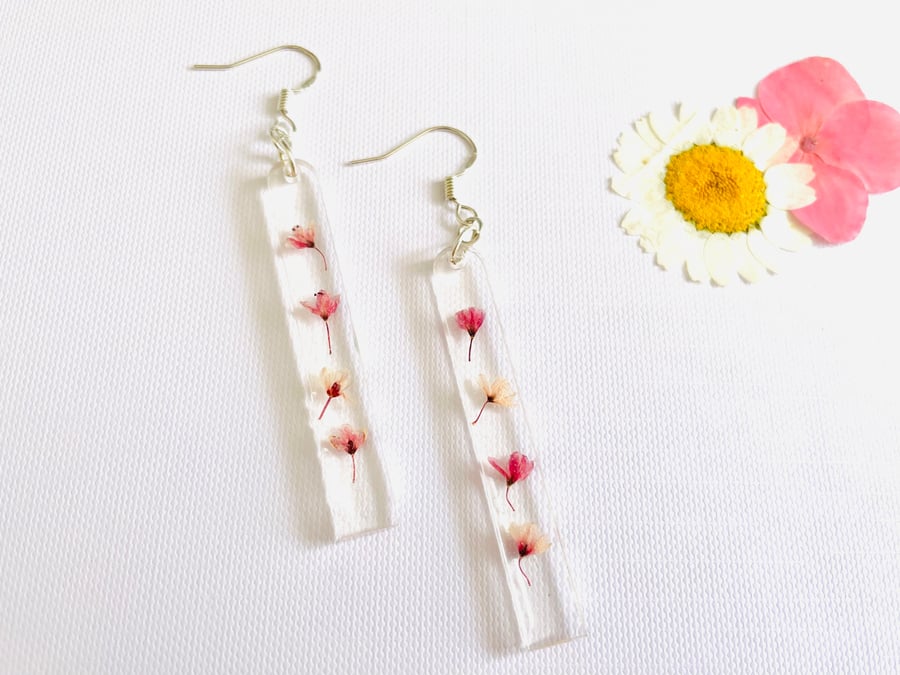 Minimalist rectangle drop earrings, pressed flower earrings