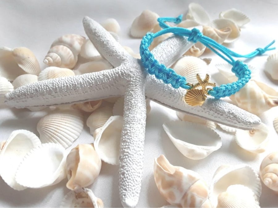 Shell Cord Bracelet,Beach theme Gift,Starfish Bracelet, Beach theme Bracelet,Cor