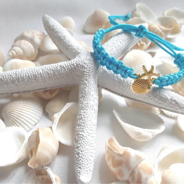 Shell Cord Bracelet,Beach theme Gift,Starfish Bracelet, Beach theme Bracelet,Cor