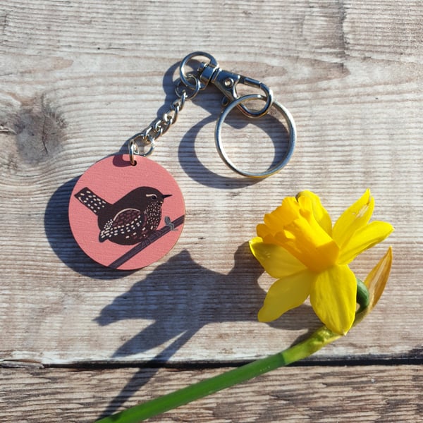 Wren Songbird Wooden Keyring