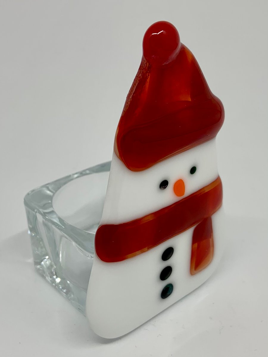 Snowman Hand fused Glass Tea Light holder. (With tea light)