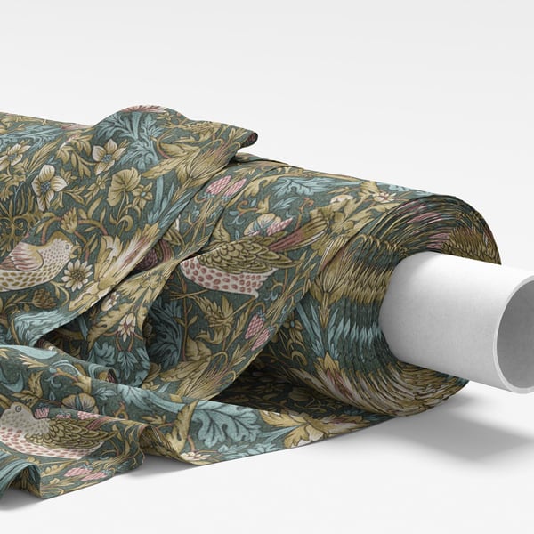 William Morris Fabric - Strawberry Thief Teal Green - Soft Furnishing Fabric
