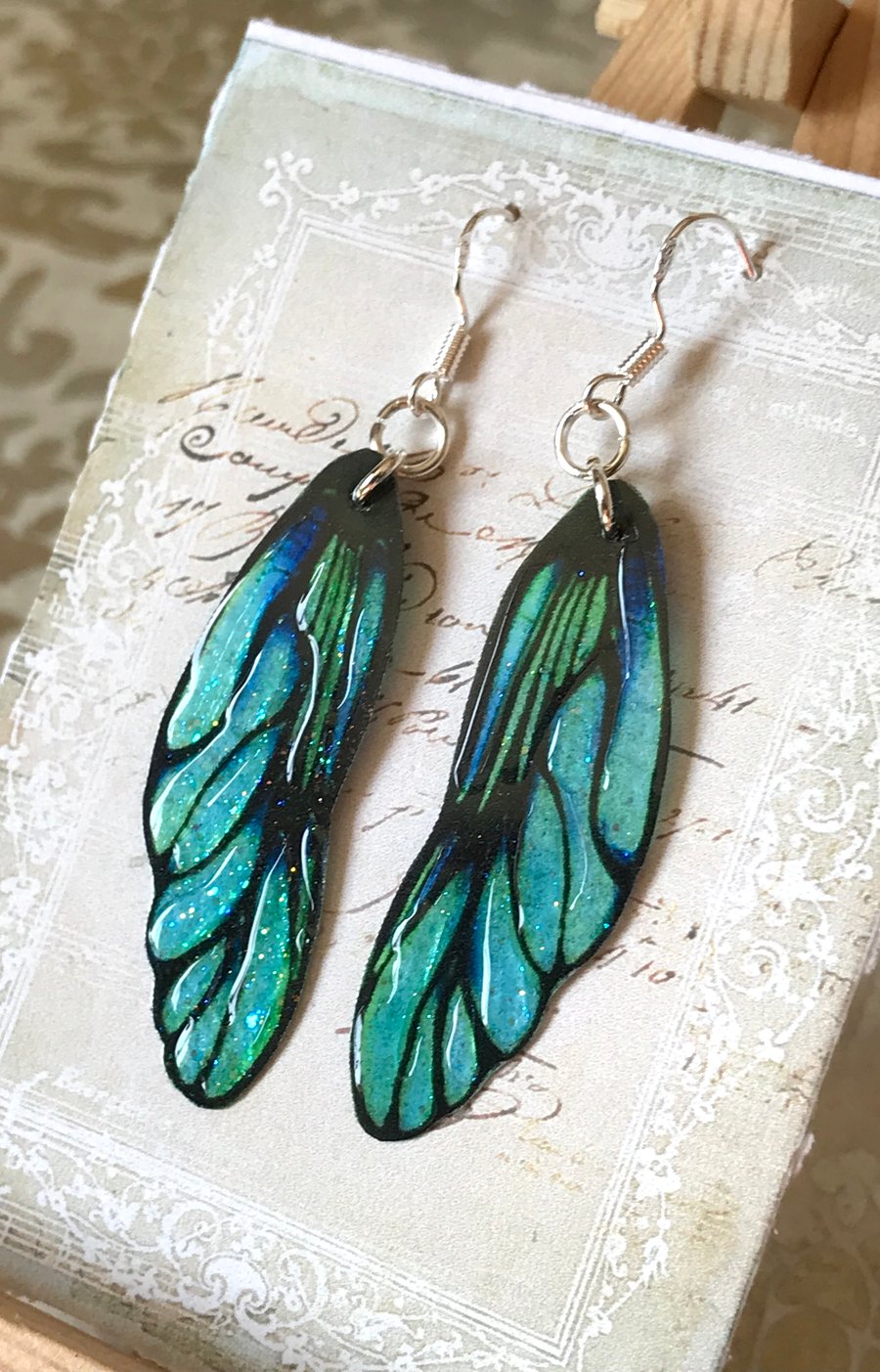 Green and Black Fairy Wing Sterling Silver Earrings