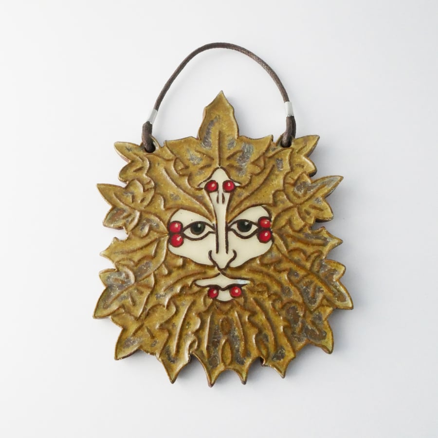Ceramic green man wall hanging, green man with holy and ivy