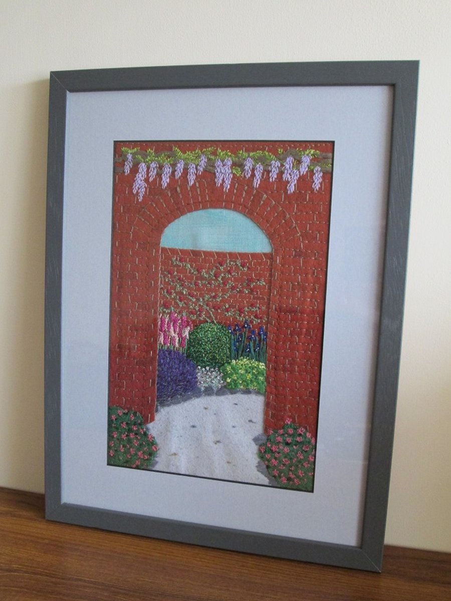 Walled Garden Hand Embroidered Picture, Textile Art