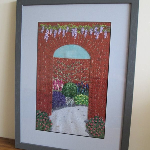 Walled Garden Hand Embroidered Picture, Textile Art