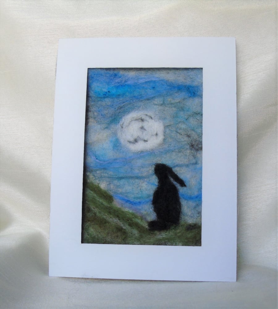 needle felt hare and moon picture, wool picture 6 x 8 ins