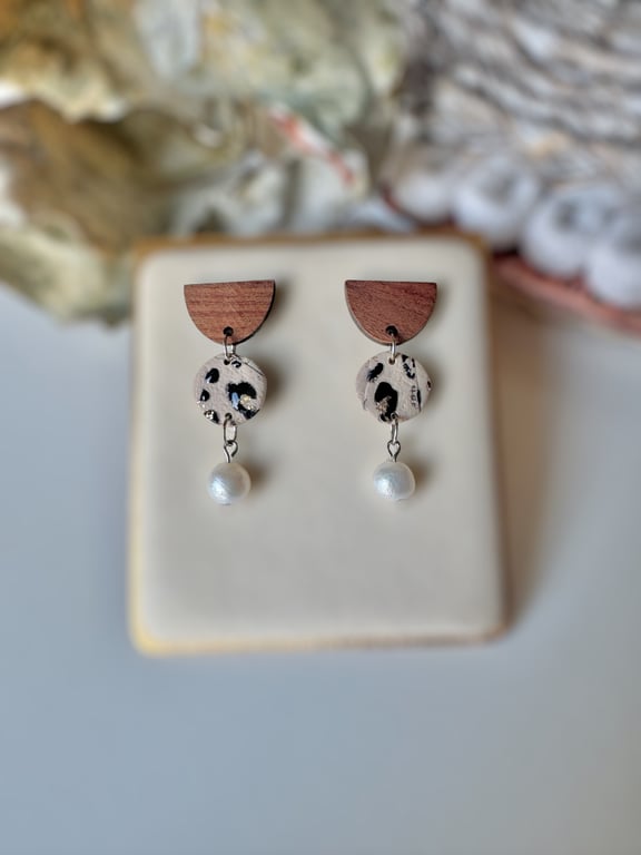 Animal Print - Walnut and Pearl Polymer Clay earrings 
