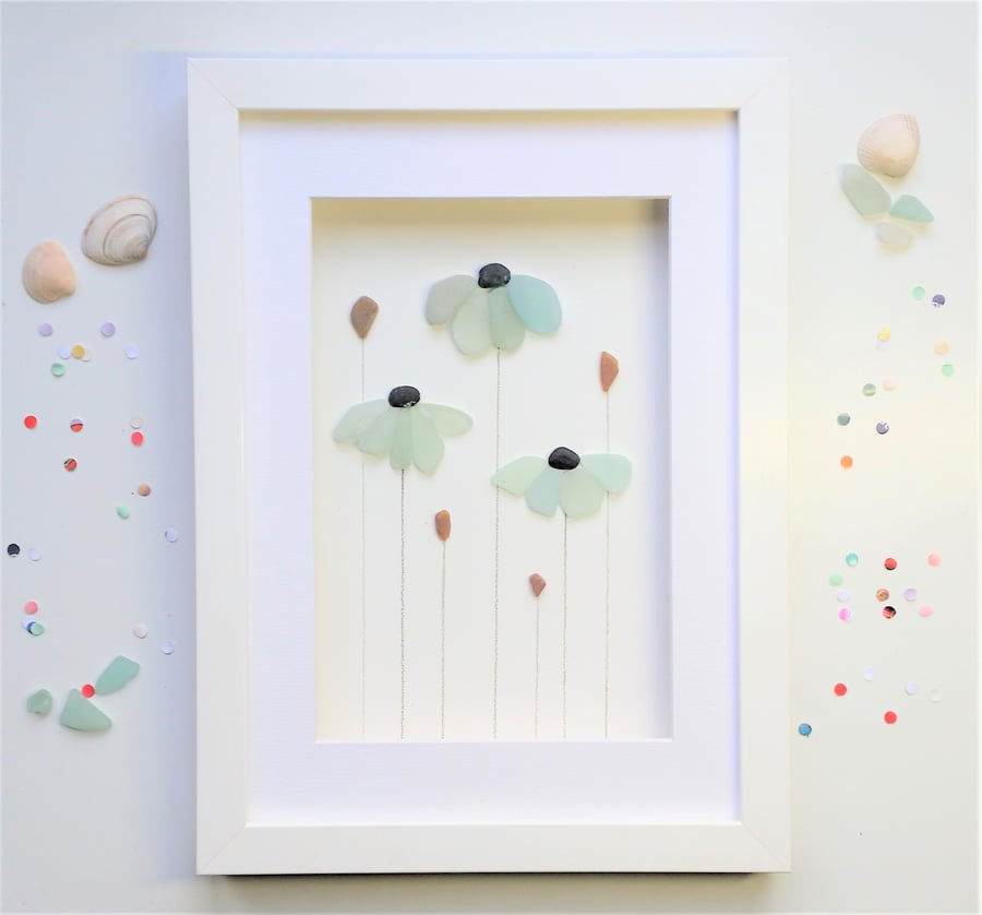 Sea Glass Flowers, Floral Wall Decor, Unusual Gifts for Her, Made in Cornwall