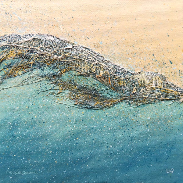 On a teal Tide III breaking wave sunset mixed media surf art picture series