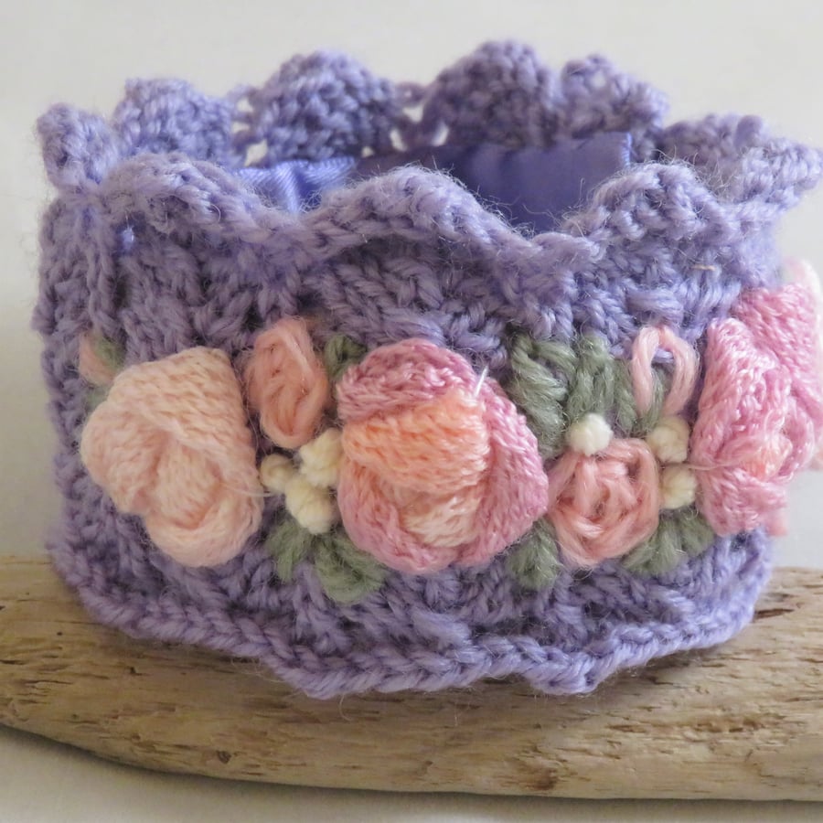 Embroidered and Knitted Cuff - pink roses on lilac knitted lace