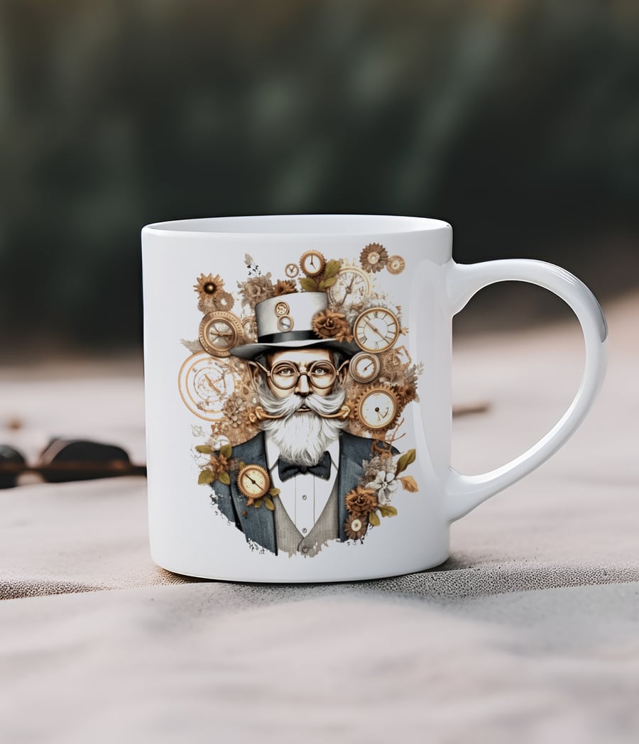 Gothic Steampunk Gent Mug – 11oz Ceramic Coffee Cup with Cogs & Gears 