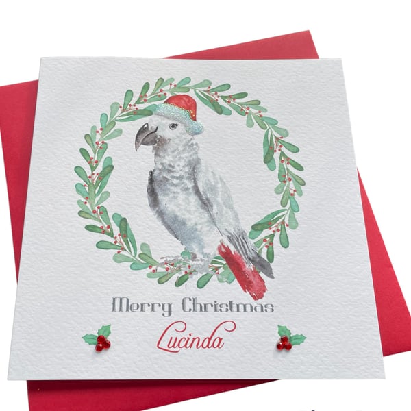 Personalised Handmade African Grey Parrot Christmas Card ANY WORDING- Daughter-N