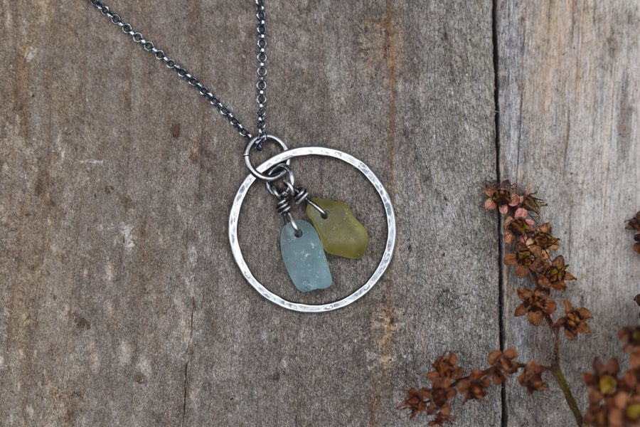 Scottish Sea Glass and Recycled Sterling Silver Necklace, Yellow & Seafoam