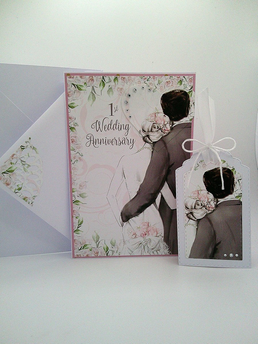 1st Wedding Anniversary Card with matching gift tag and envelope