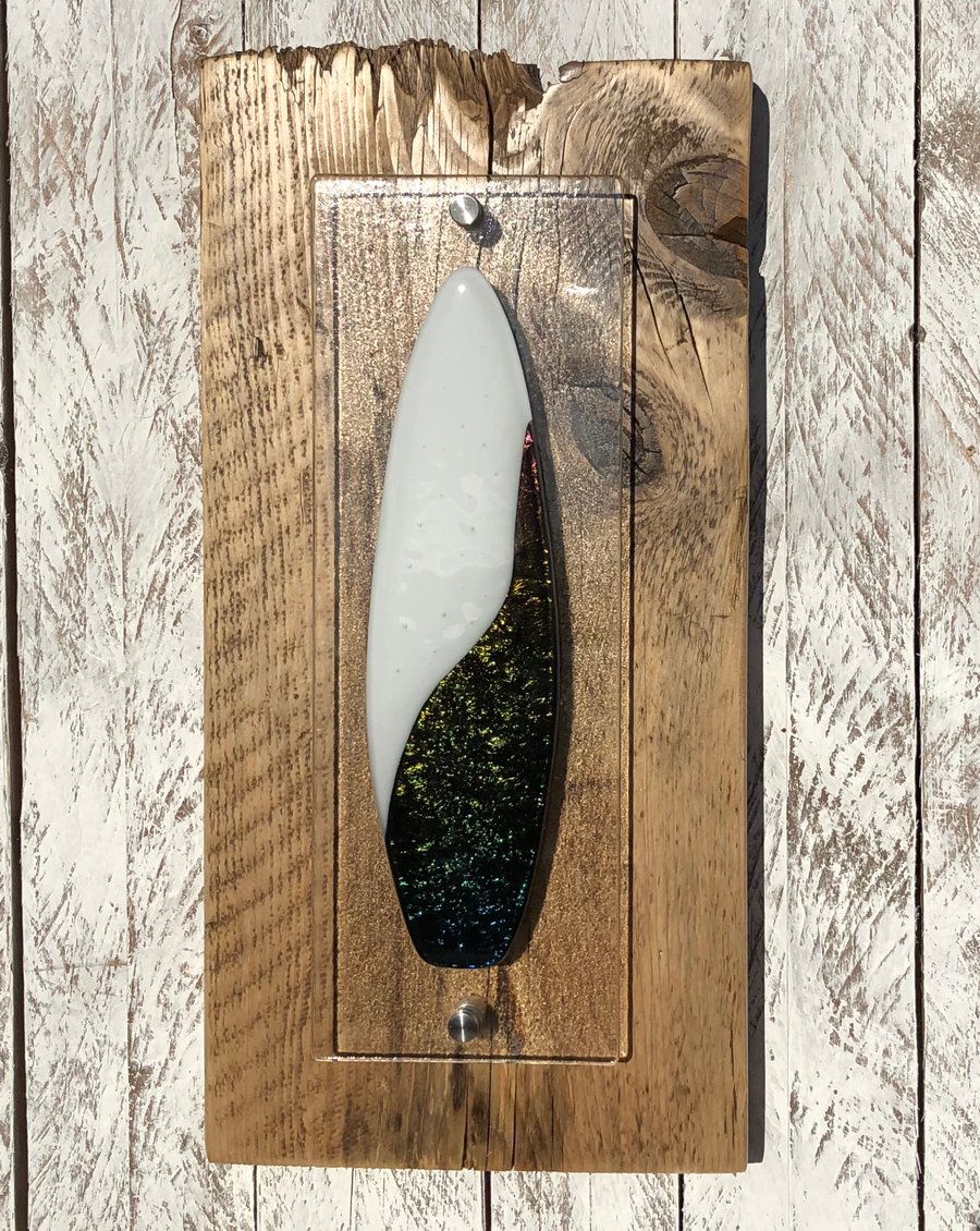 Fused Glass ‘Yin Yang’ design Surfboard on Reclaimed Wood 