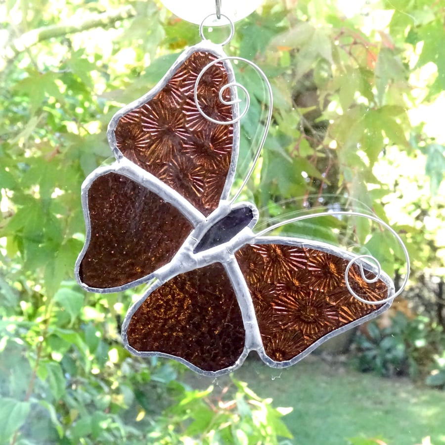 Stained Glass Butterfly Suncatcher - Handmade Decoration - Dark Pink